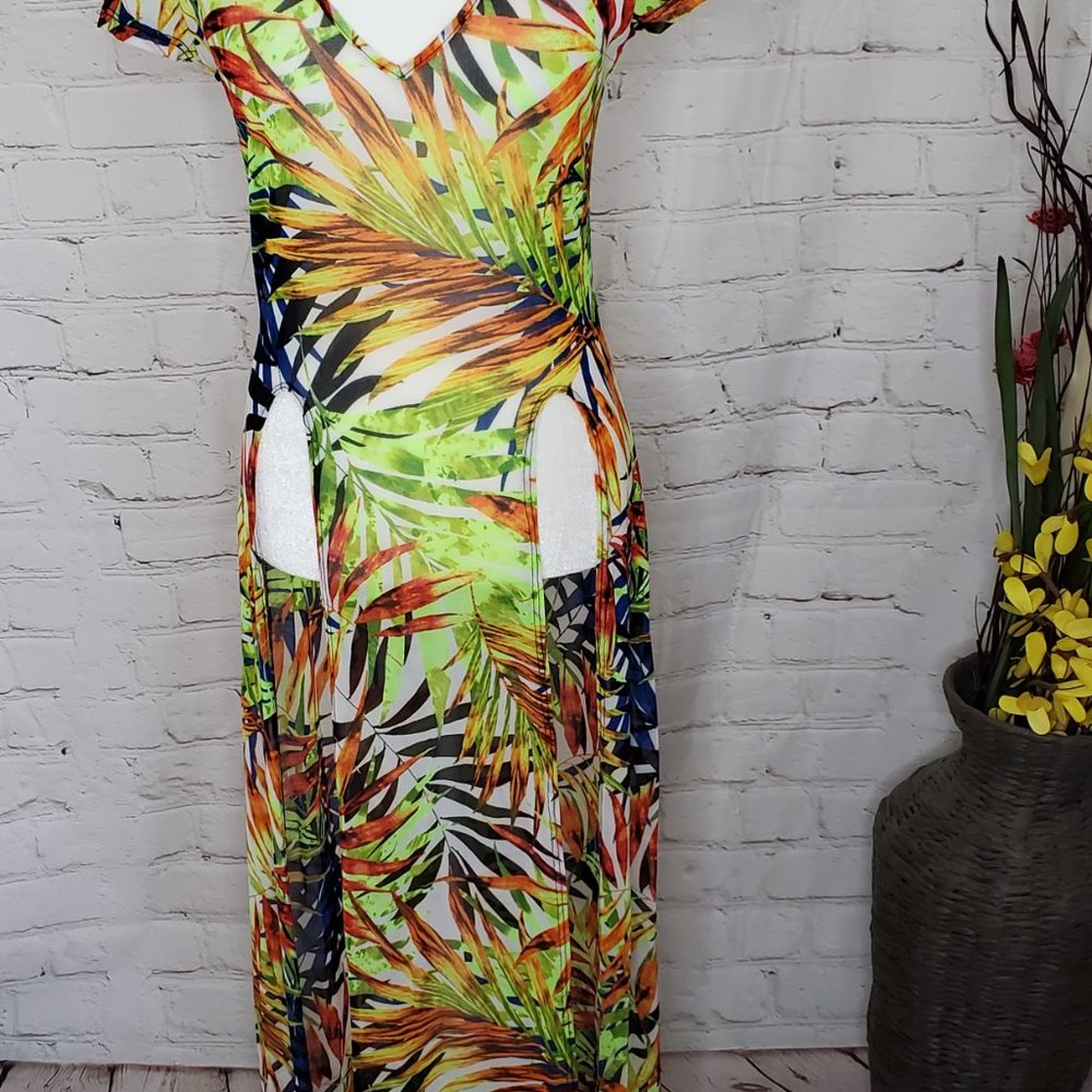 NWOT Yellow Multicolor Long Hoodie Stretch Sheer Mesh top